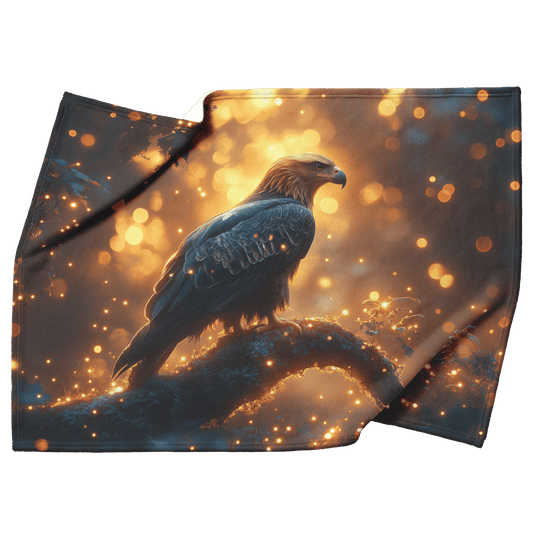 Young Eagle Perched on Glowing Tree Branch Surrounded by Shimmering Fireflies and Twilight Hues Fleece Sherpa Blanket - Awakening Righteousness