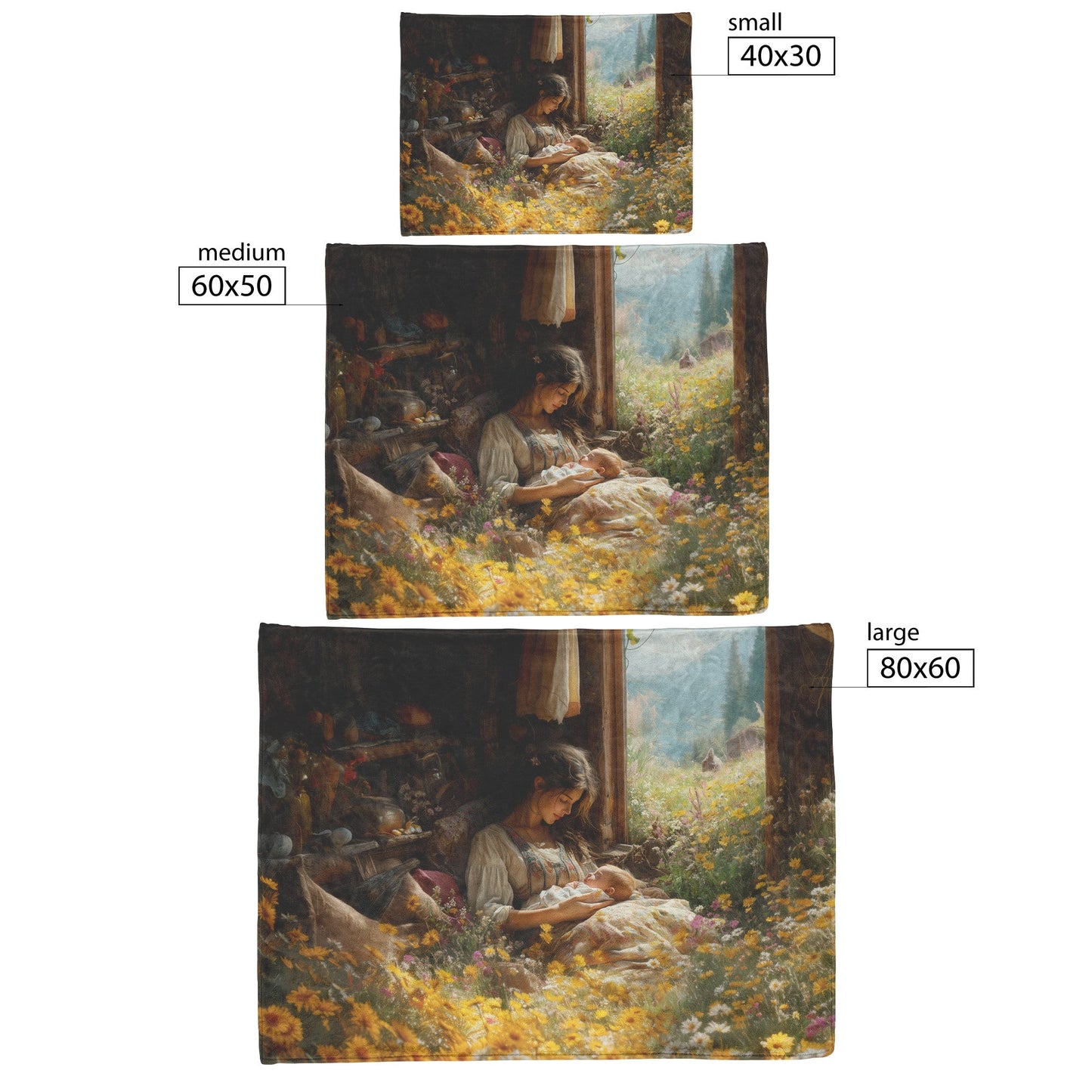 Young Mother and Sleeping Baby in Cozy Cabin with Wildflowers and Majestic Mountains Cozy Christian Fleece Sherpa Blanket - Awakening Righteousness