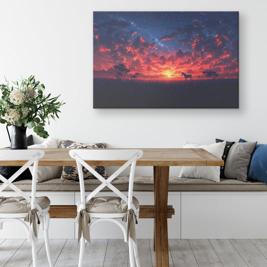 Zebra Standing Under Twilight Sky with Glowing Stars Peaceful Savanna Landscape Canvas Wall Art Decor - Awakening Righteousness