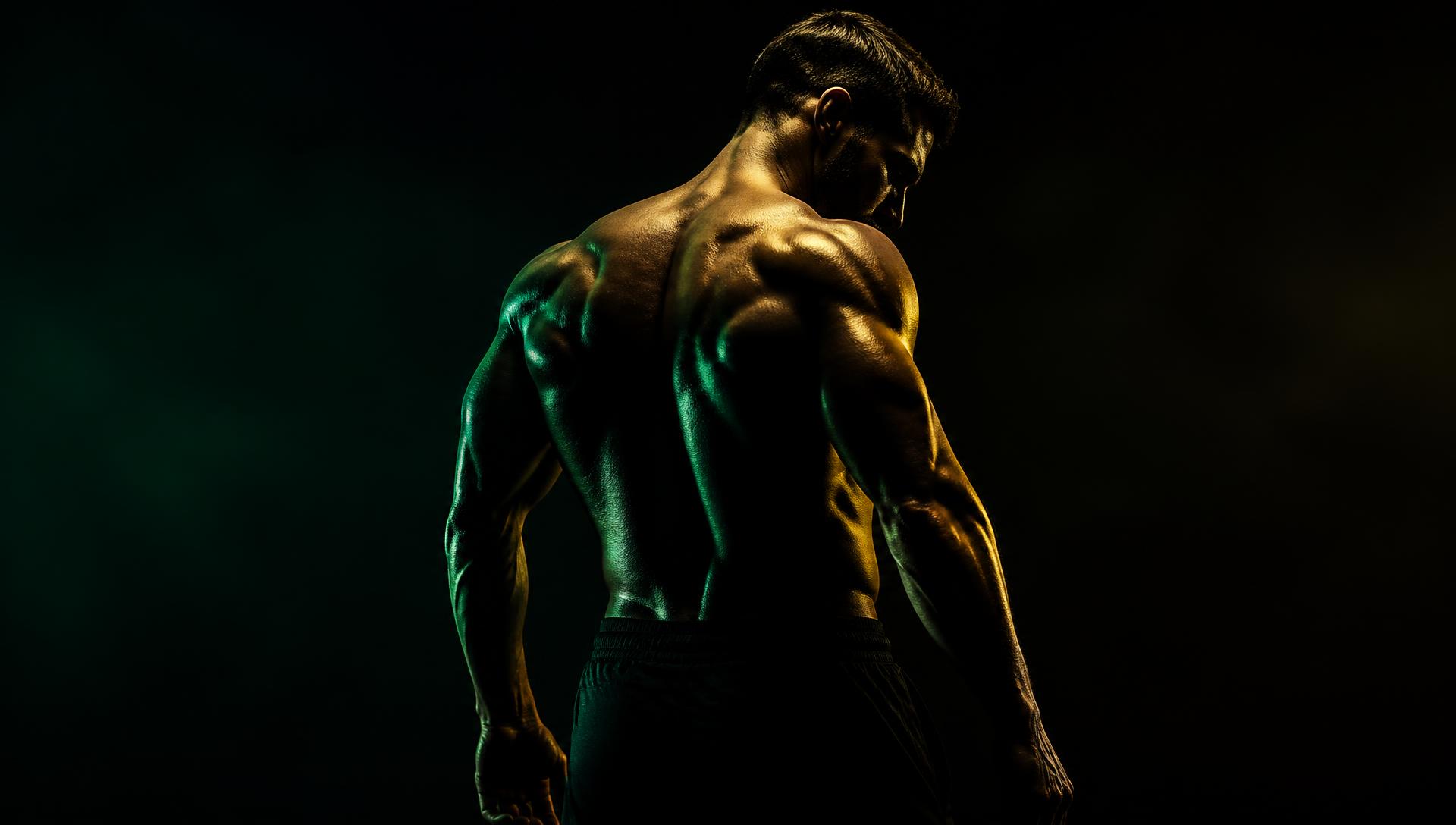 Athlete lit with green and gold light in a dark studio
