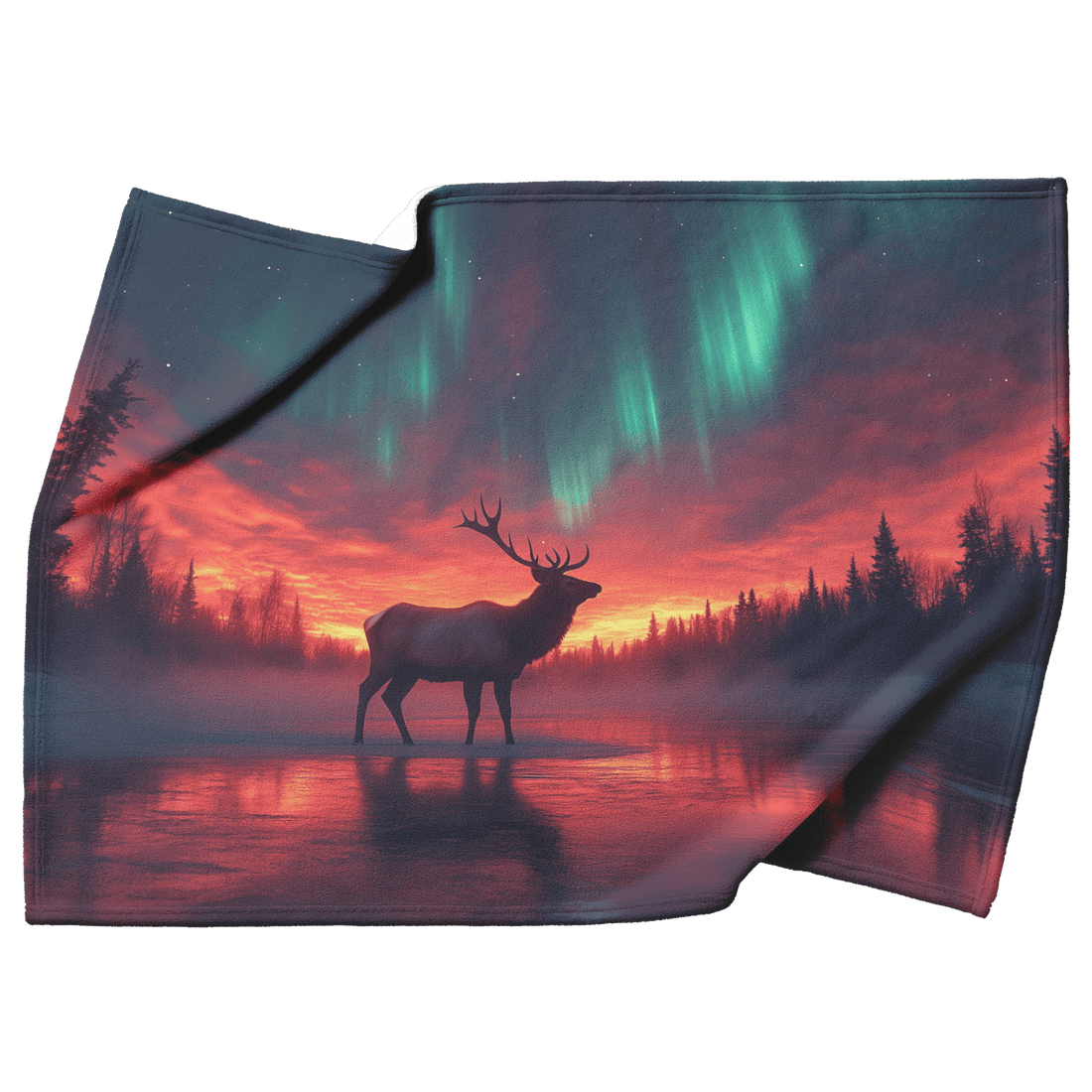 Lone Elk Standing on a Glowing Frozen Lake Beneath the Aurora Borealis – A Faith-Inspired Fleece Sherpa Blanket of Strength and Divine Light