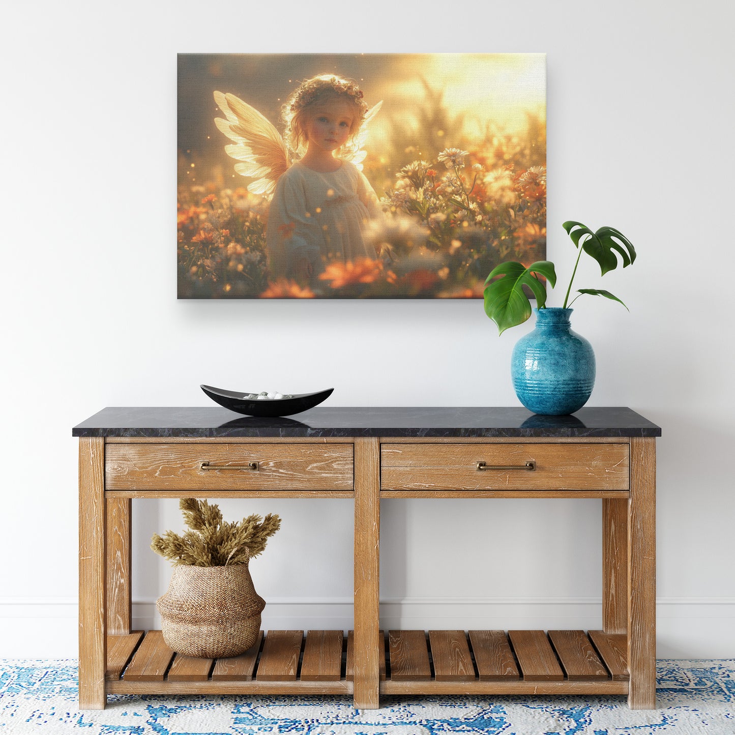 A Beautiful Angel in a Golden Sunlit Flower Field  Divine Grace Serene Joy Heavenly Presence Christian Canvas Art Magical Atmosphere Vibrant Wildflowers Radiant Peace - Awakening Righteousness