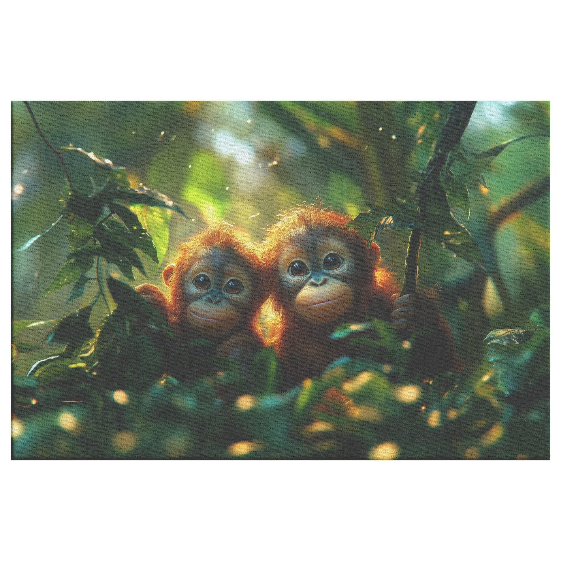 Adorable Baby Orangutans in the Jungle with Big Eyes and Sunlight Shining Through the Trees  Cute Wildlife Canvas Wall Art for Living Room Nursery or Home Decor - Awakening Righteousness