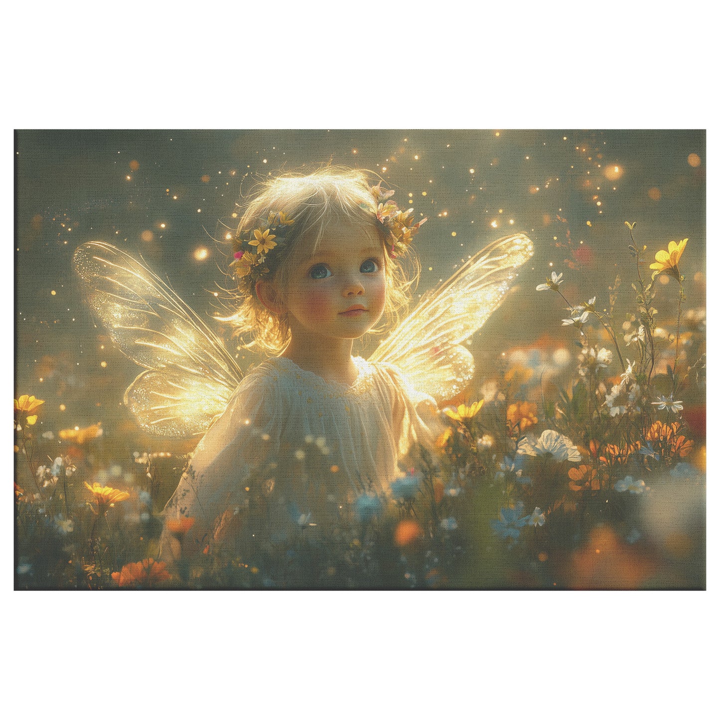 Adorable Fairy Winged Girl Surrounded Flowers in Golden Light  Enchanting Christian Canvas Wall Art for Nursery Living Room or Home Decor - Awakening Righteousness