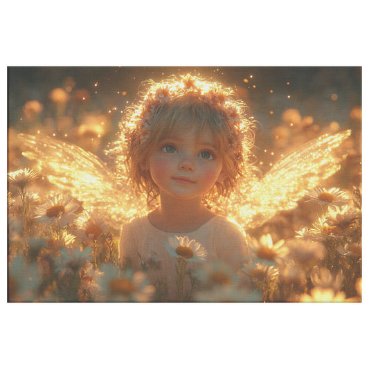 Adorable Little Angel Girl with Golden Hair and Fiery Wings Surrounded White Daisies Bathed in Golden Light  Capturing Divine Innocence and Heavenly Beauty in Christian Canvas Art - Awakening Righteousness