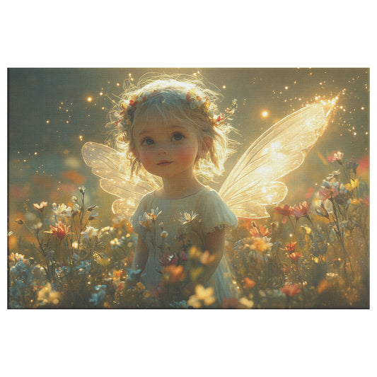 Adorable Little Girl with Blonde Hair Fairy Wings and Twinkling Lights in a Vibrant Flower Field  Christian Canvas Art Magical Golden Light Dreamy & Serene Atmosphere - Awakening Righteousness