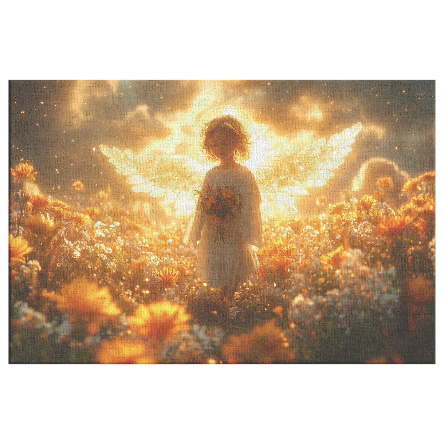Angel Child Holding a Bouquet Surrounded Colorful Flowers with Glowing Golden Wings and Radiant Light  Dreamy Fantasy Scene of Innocence and Beauty for Christian Canvas Art - Awakening Righteousness