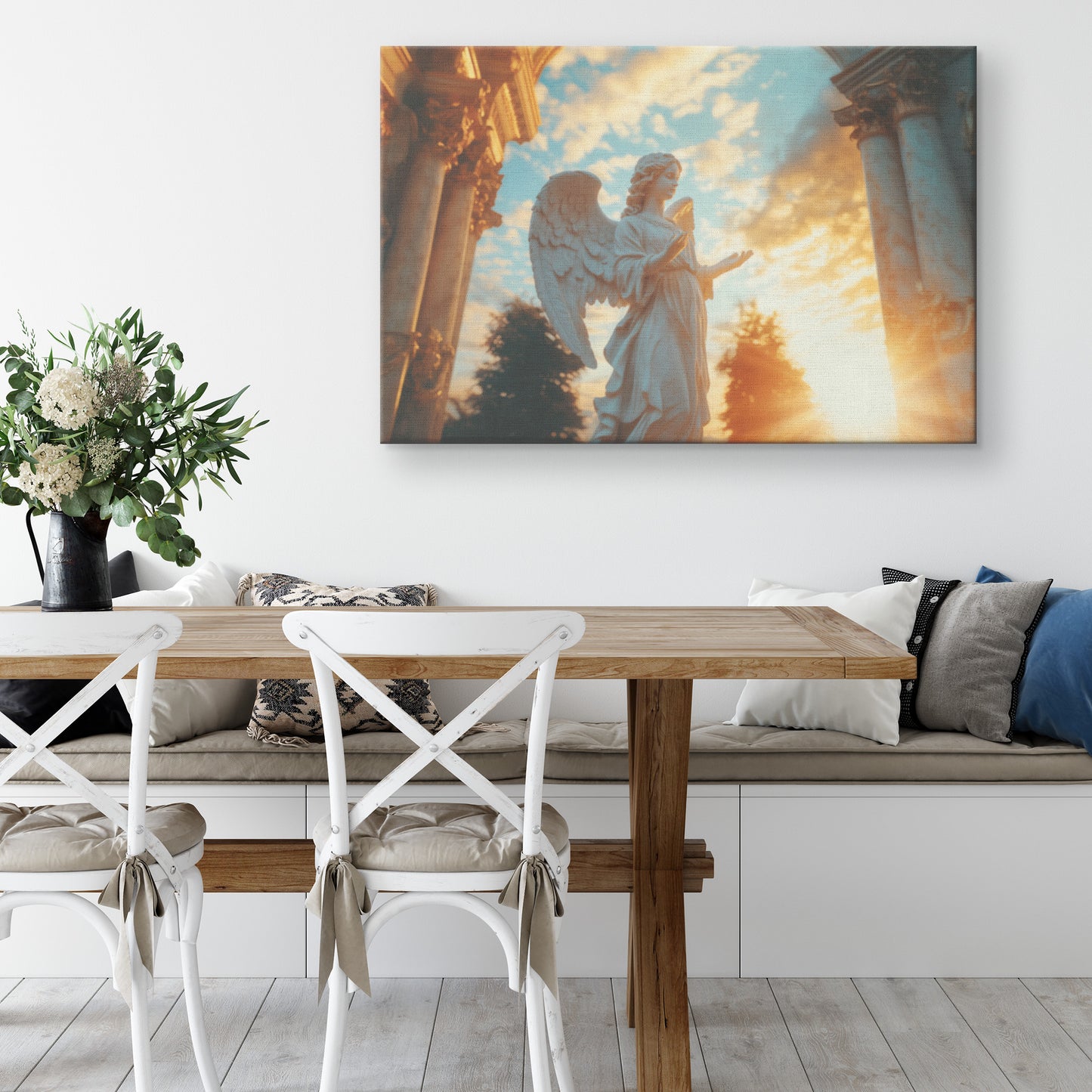 Angel Statue with Open Hand at Sunset Golden Glow Classical Architecture Serene Tranquility Divine Peace Heavenly Light  Christian Canvas Art Spiritual Inspiration - Awakening Righteousness