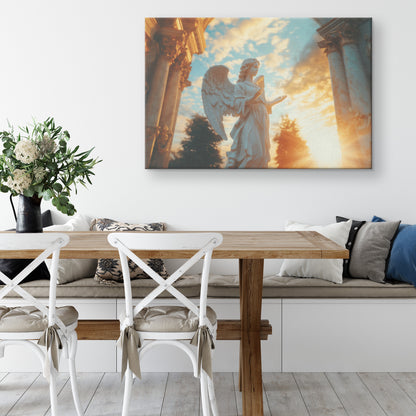 Angel Statue with Open Hand at Sunset Golden Glow Classical Architecture Serene Tranquility Divine Peace Heavenly Light  Christian Canvas Art Spiritual Inspiration - Awakening Righteousness