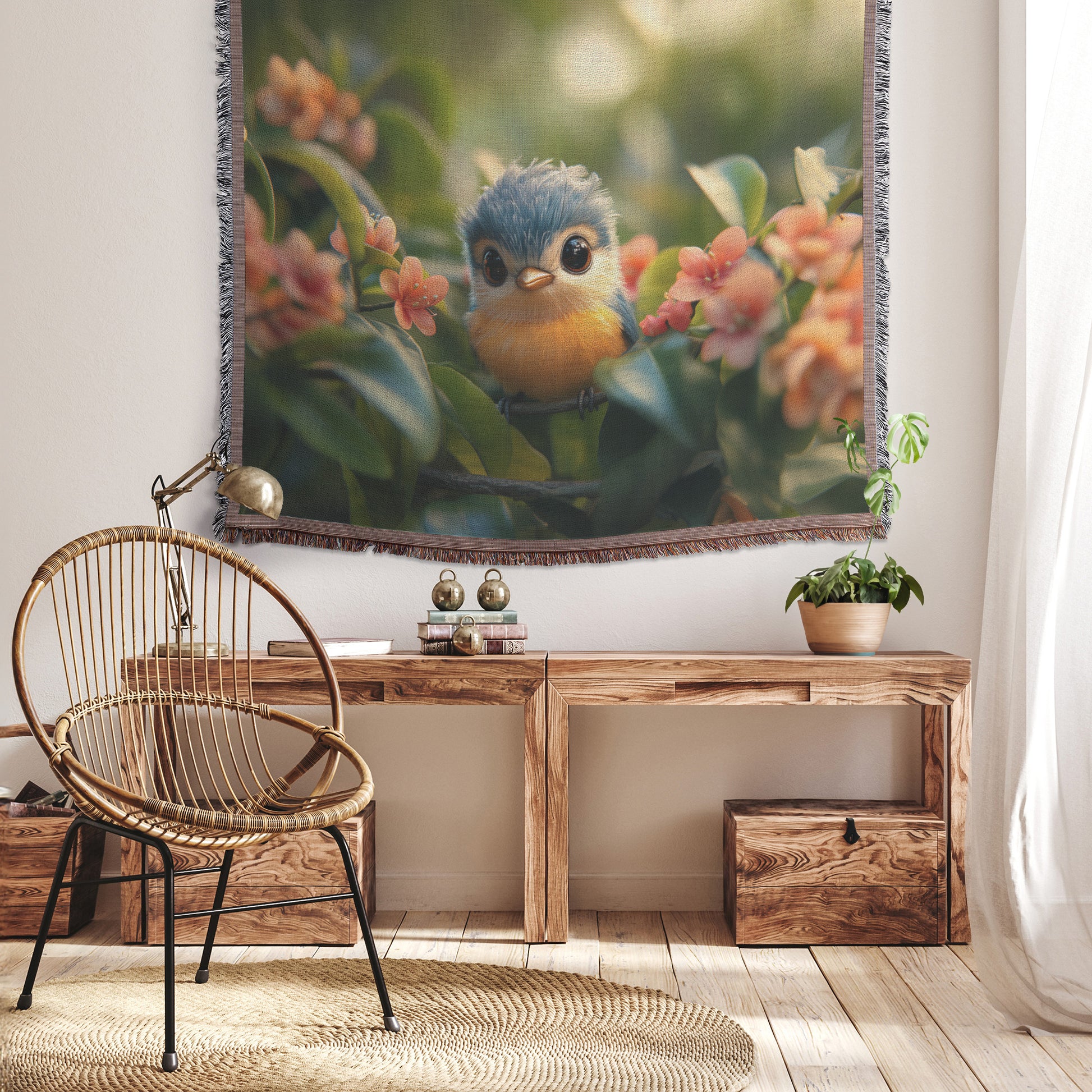 Baby Bird Perched on Blooming Branch Cozy Woven Throw Blanket - Awakening Righteousness