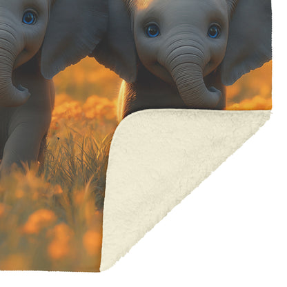 Baby Elephants Cozy Fleece and Sherpa Blanket with Vibrant Flowers - Awakening Righteousness