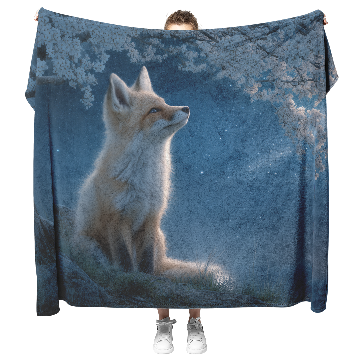 Baby_Fox_Howling_Softly_At_Moon_Under_Gl_H_Blanket_Model_Mockup.png