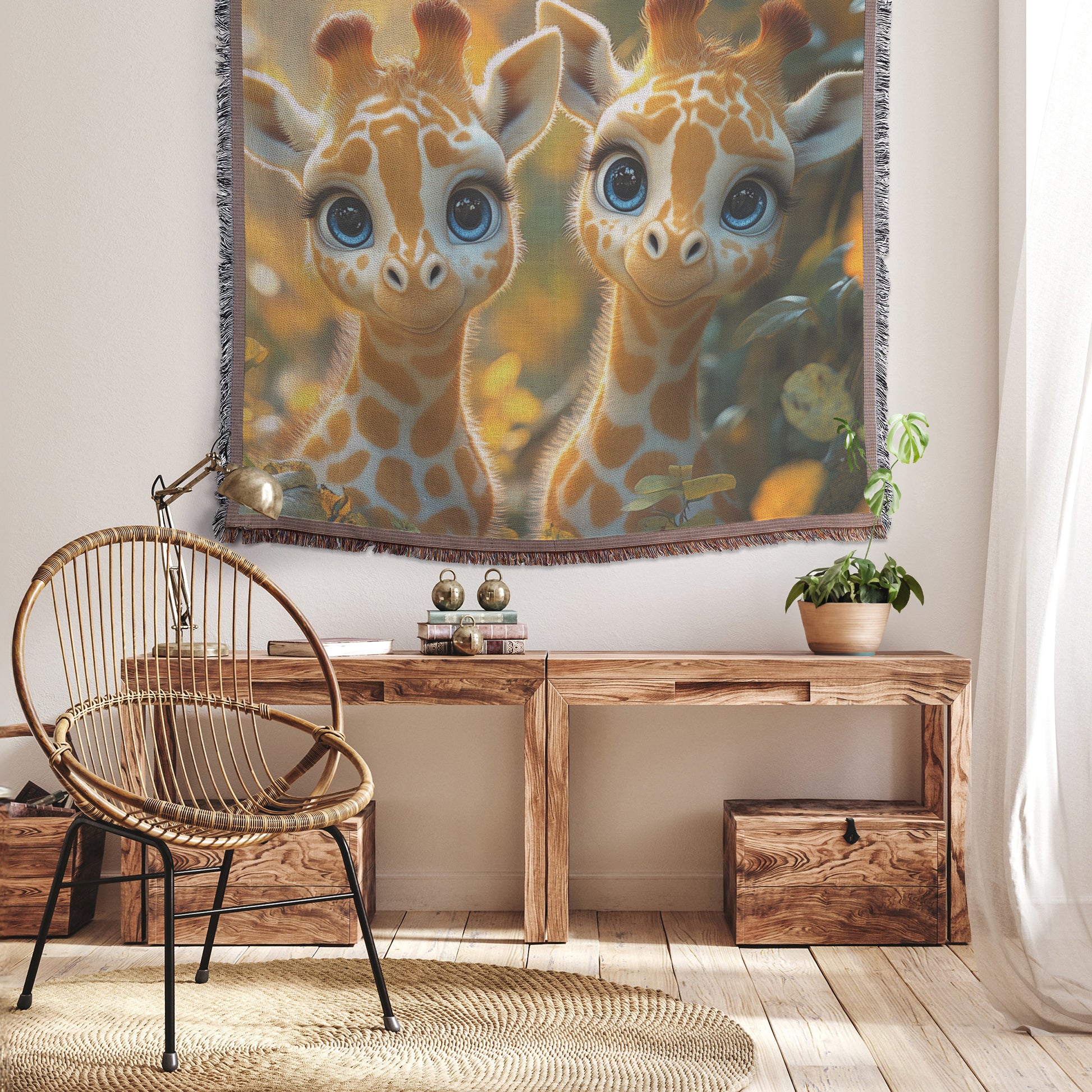 Baby Giraffes with Yellow Flowers Cozy Woven Throw Blanket - Awakening Righteousness