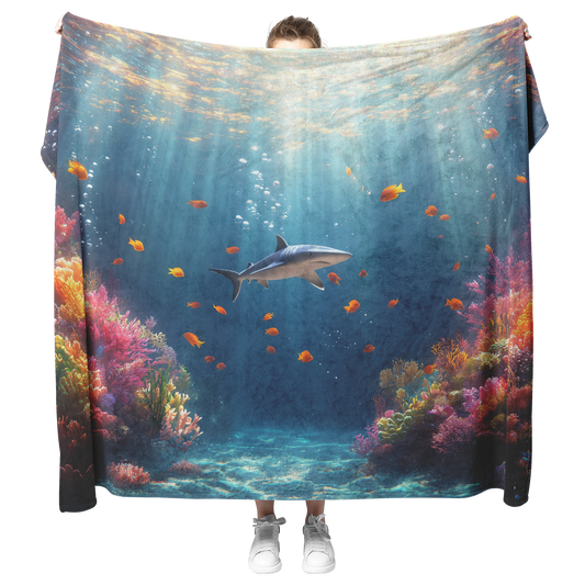 Baby_Shark_Swimming_Near_Glowing_Coral_R_H_Blanket_Model_Mockup.png
