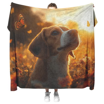 Beagle_on_Garden_Path_with_Flowers_Light_H_Blanket_Model_Mockup.png