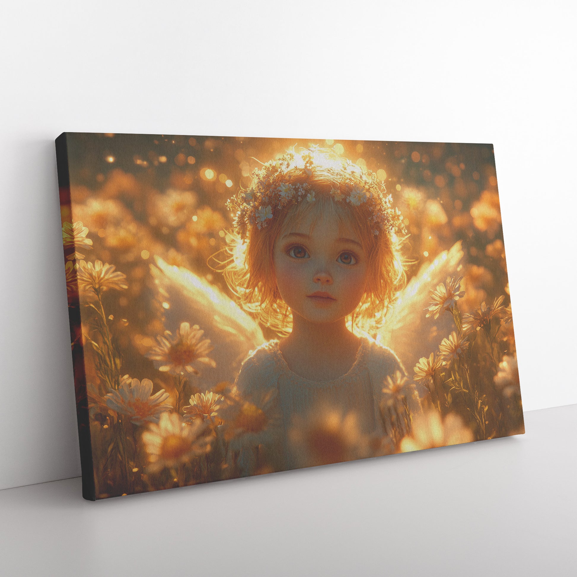 Beautiful Angelic Girl with Golden Wings in a Radiant Flower Field Bathed in Warm Sunshine and Glowing Flowers  Christian Canvas Art Capturing Divine Innocence and Heavenly Light - Awakening Righteousness