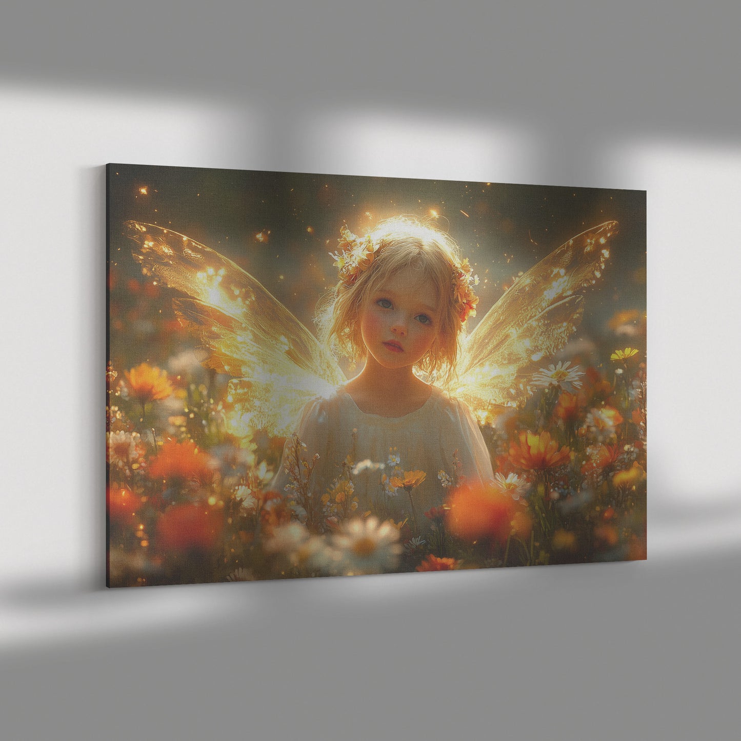 Beautiful Little Girl with Angel Wings Surrounded Blooming Wildflowers and Glowing Lights  Enchanting Scene of Innocence and Beauty - Awakening Righteousness