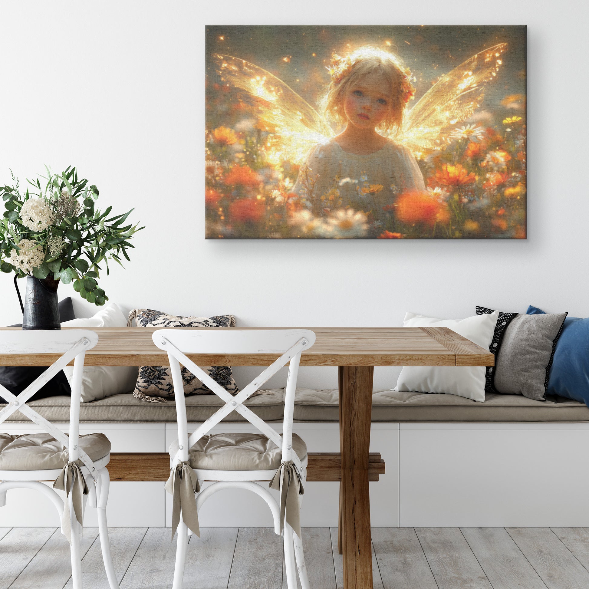 Beautiful Little Girl with Angel Wings Surrounded Blooming Wildflowers and Glowing Lights  Enchanting Scene of Innocence and Beauty - Awakening Righteousness