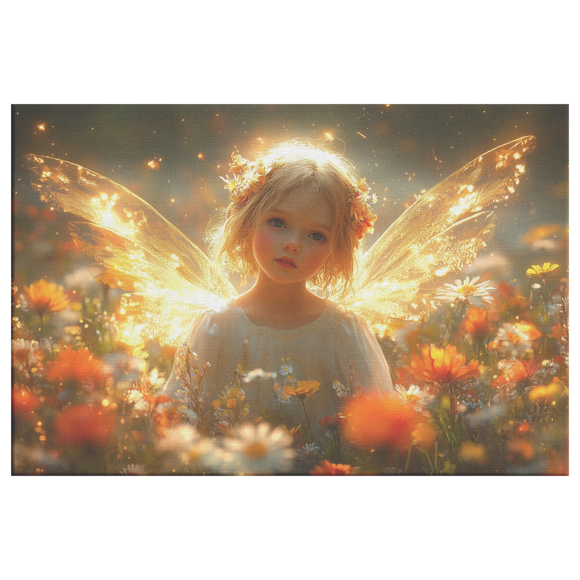 Beautiful Little Girl with Angel Wings Surrounded Blooming Wildflowers and Glowing Lights  Enchanting Scene of Innocence and Beauty - Awakening Righteousness
