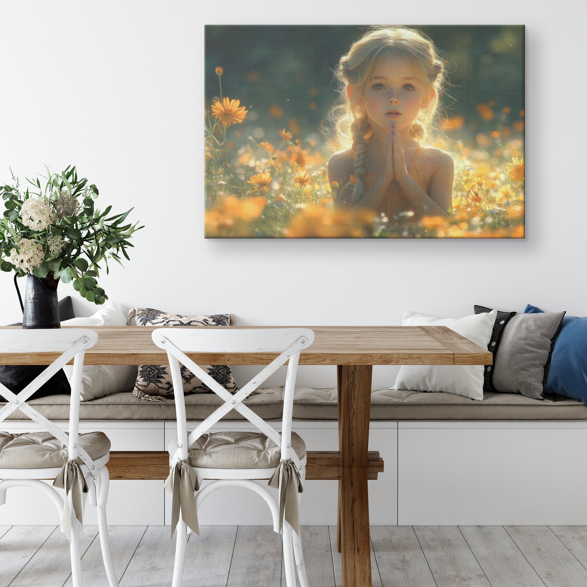 Beautiful Young Girl Praying in a Flower Field  Christian Canvas Art of a Blonde Girl with Green Eyes in an Orange Dress Bathed in Warm Sunlight - Awakening Righteousness