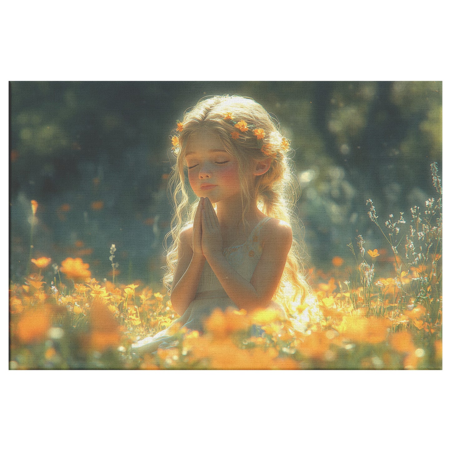 Beautiful Young Girl Praying to God in Angelic Dress  Christian Canvas Art Blonde Hair Yellow Flowers Sun Rays Orange Wildflowers Divine Peace Serene Moment - Awakening Righteousness