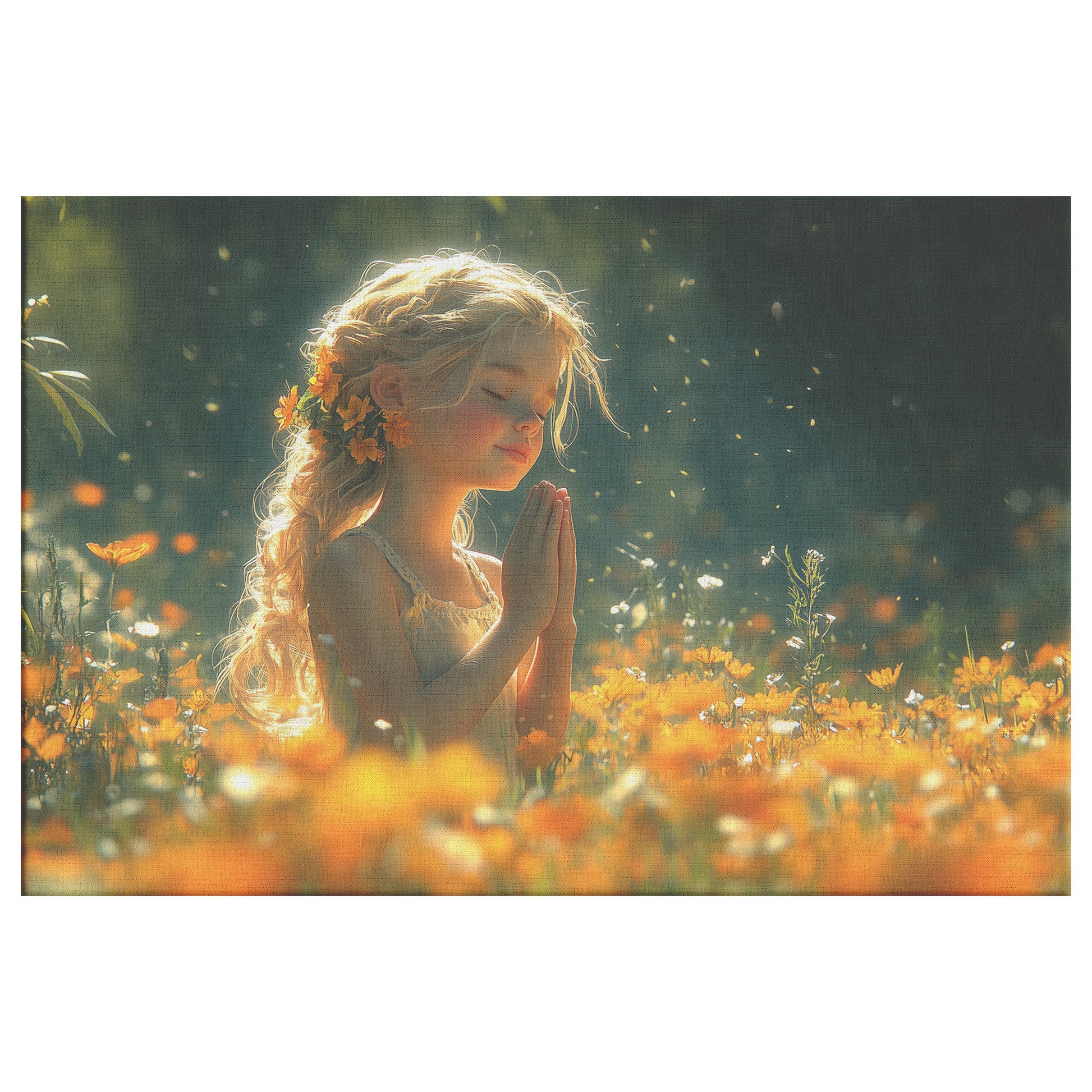 Beautiful Young Girl in Orange Dress Praying in Flower Field  Christian Canvas Art Serene Prayerful Moment Divine Peace Soft Sunlight Spiritual Tranquility Heavenly Atmosphere - Awakening Righteousness