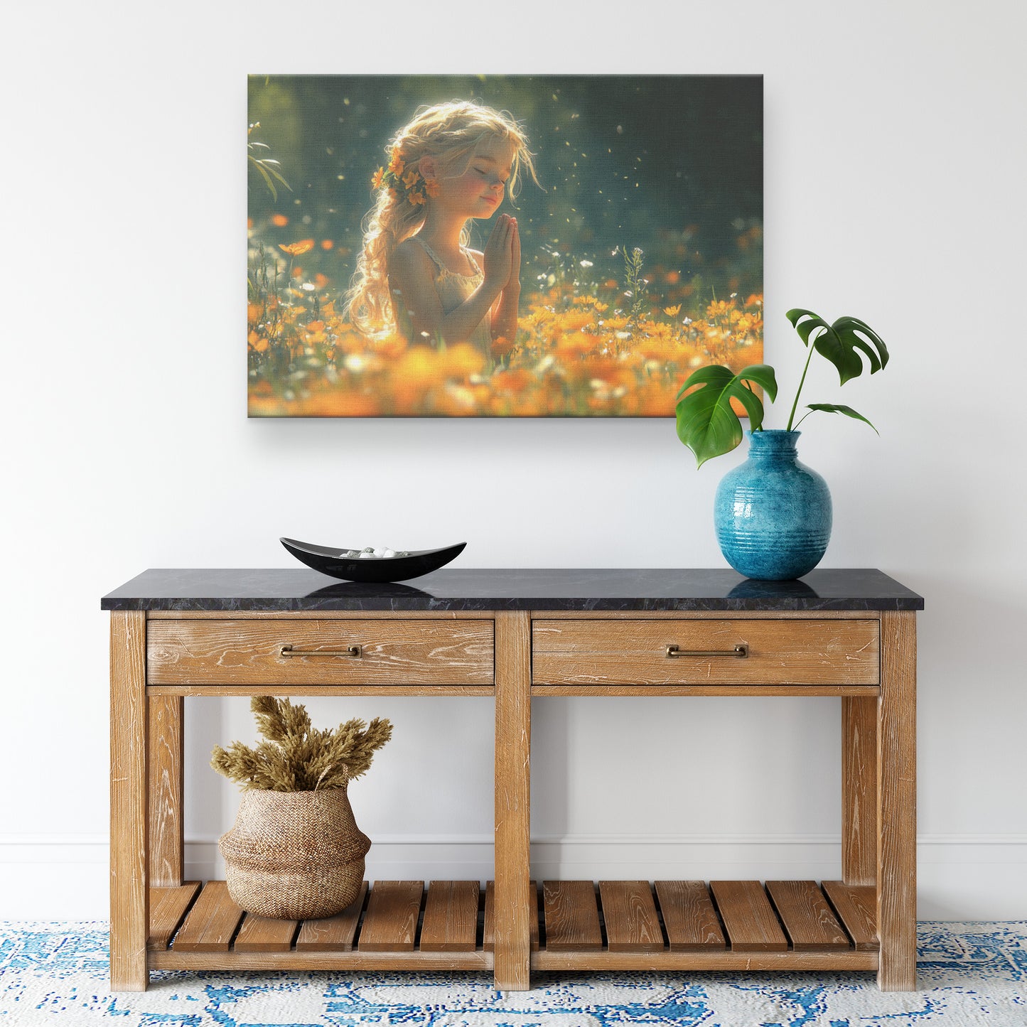 Beautiful Young Girl in Orange Dress Praying in Flower Field  Christian Canvas Art Serene Prayerful Moment Divine Peace Soft Sunlight Spiritual Tranquility Heavenly Atmosphere - Awakening Righteousness