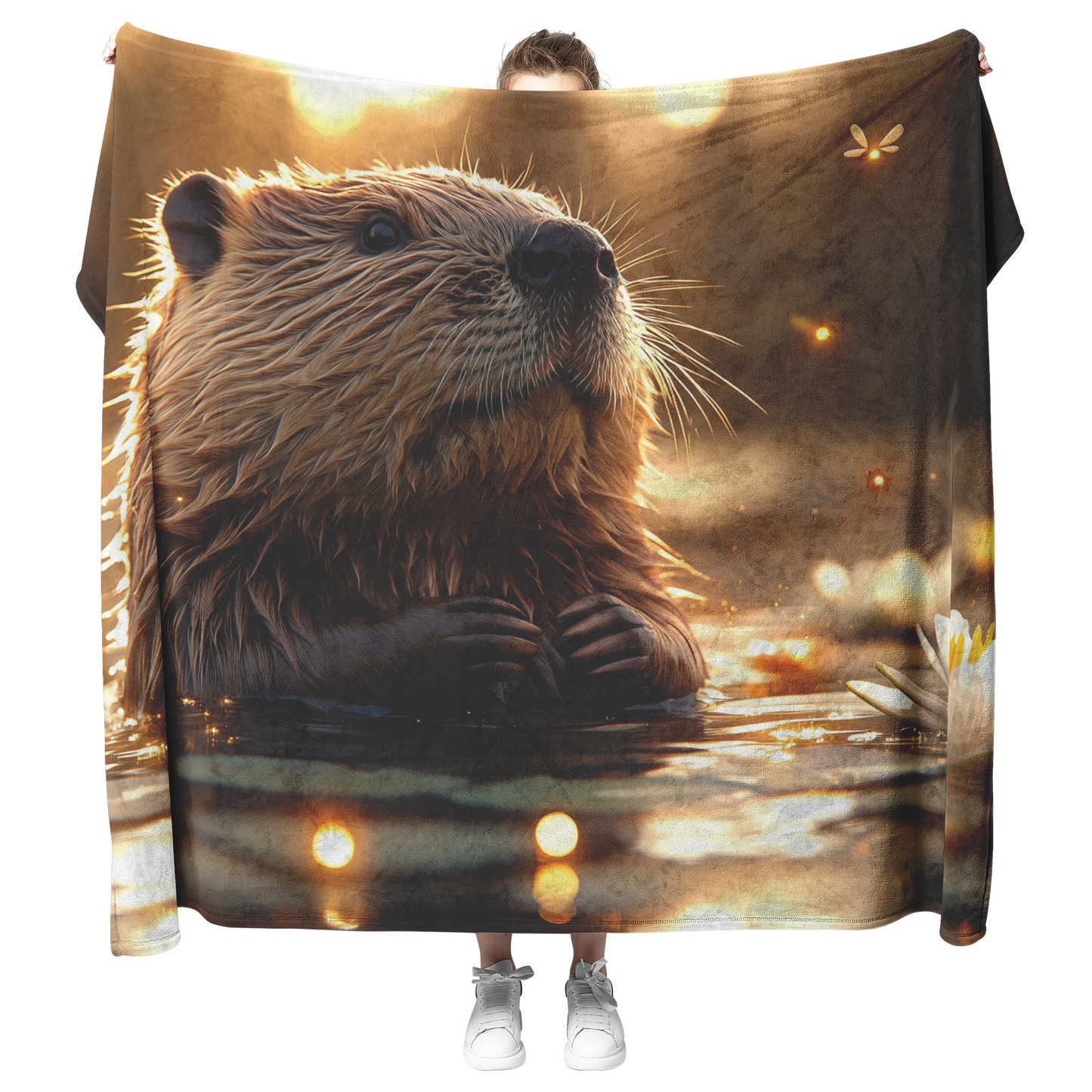 Beaver_Swimming_in_a_Glowing_Pond_Surrou_H_Blanket_Model_Mockup.png