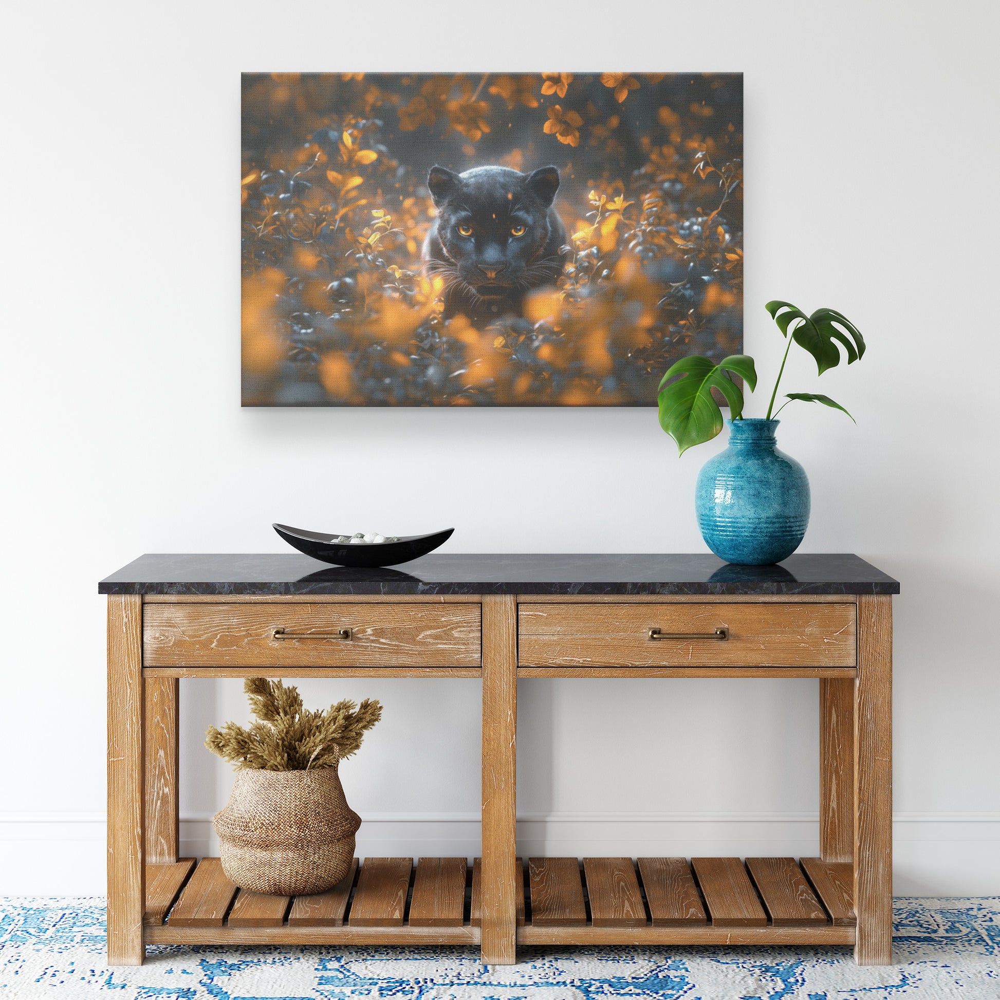 Black Panther in a Field of Flowers with Glowing Yellow Eyes and Orange Leaves Canvas Wall Art - Awakening Righteousness