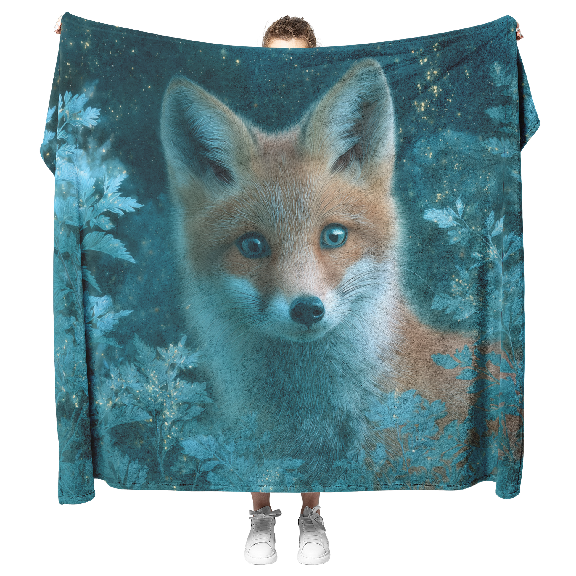 Blue_Eyed_Fox_Peeking_Out_From_Enchanted_H_Blanket_Model_Mockup.png