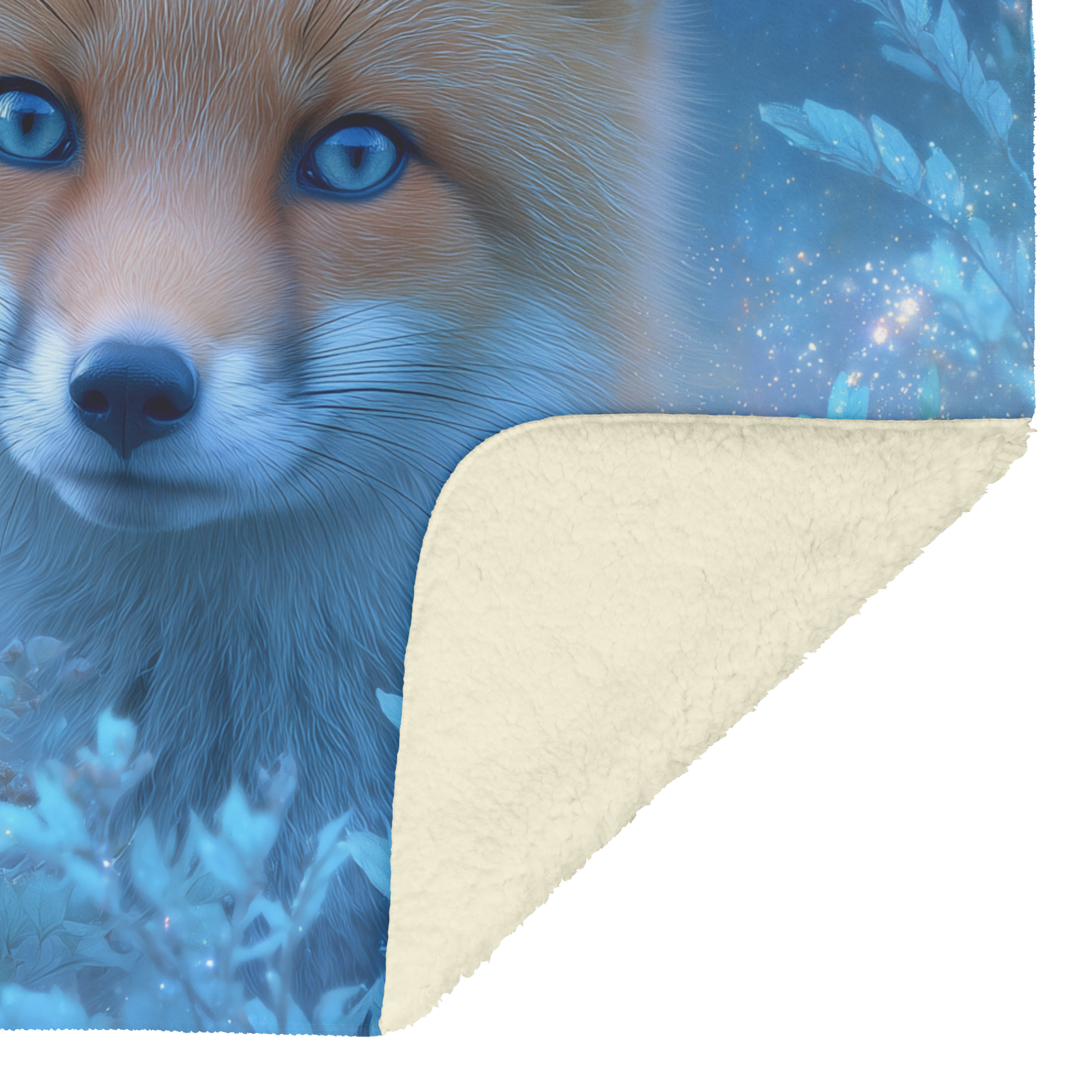 Blue_Eyed_Fox_Peeking_Out_From_Enchanted_H_Blanket_Sherpa_Mockup.png