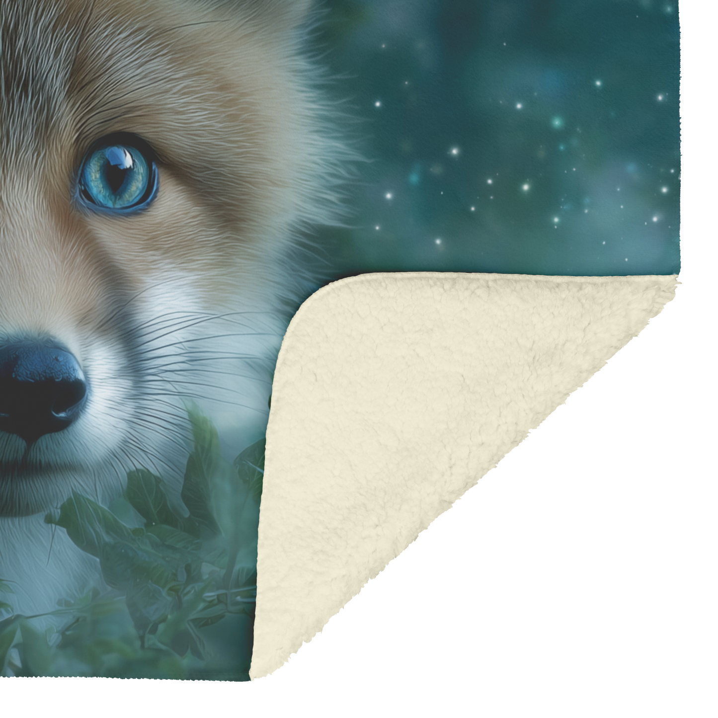 Blue_Eyed_Fox_Peeking_Out_From_Enchanted_H_Blanket_Sherpa_Mockup.png