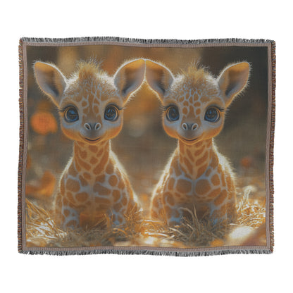 Charming Baby Giraffes Woven Throw Blanket with Blue Eyes and Autumn Leaves - Awakening Righteousness
