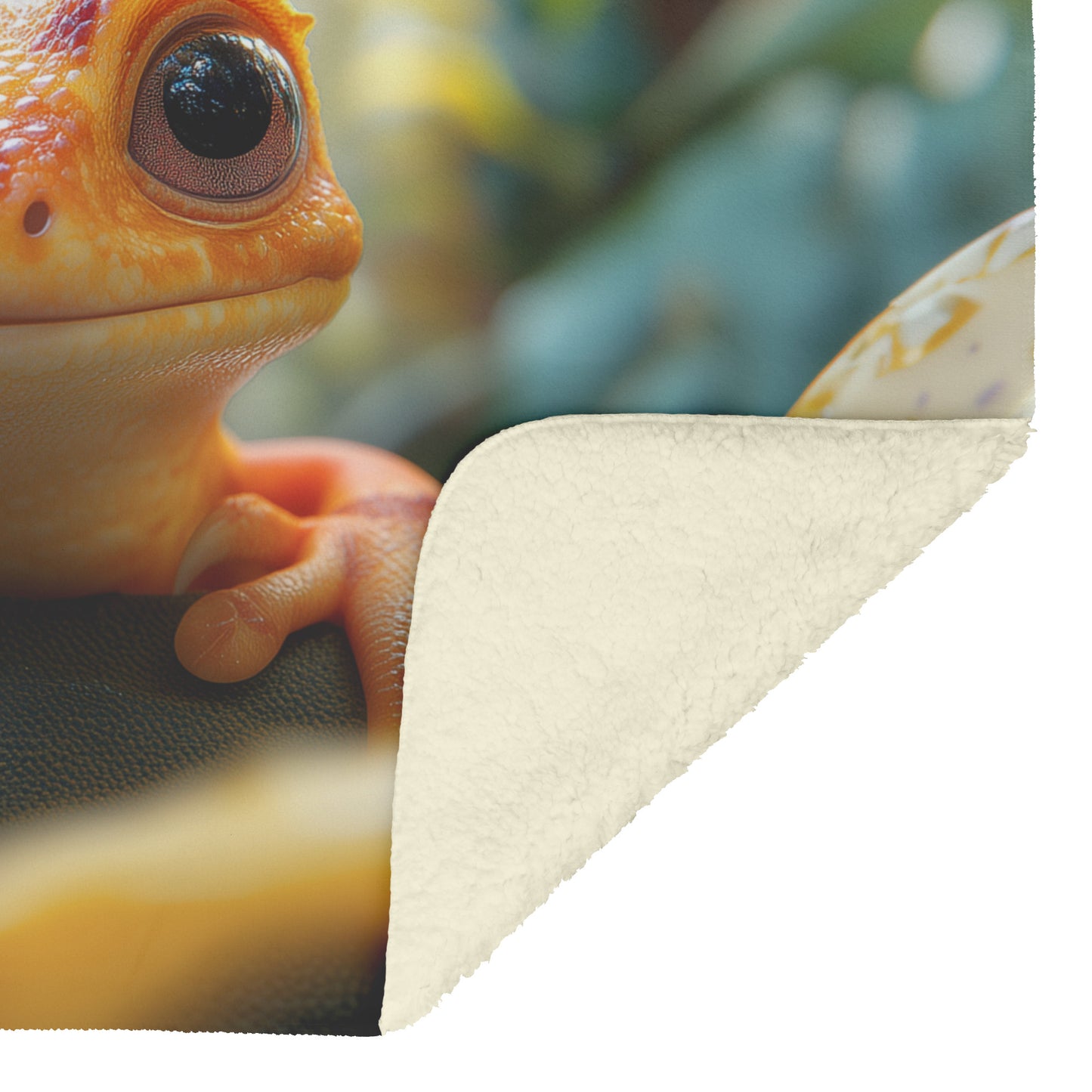 Charming Orange Gecko with Big Eyes Peeking Out from Banana Flowers Cozy Fleece and Sherpa Blanket - Awakening Righteousness