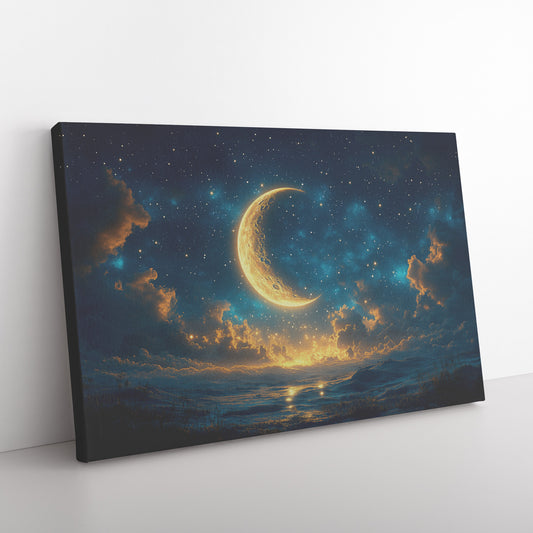Crescent Moon and Stars Canvas Wall Art  Beautiful Night Sky with Glowing Stars and Serene Moonlight - Awakening Righteousness