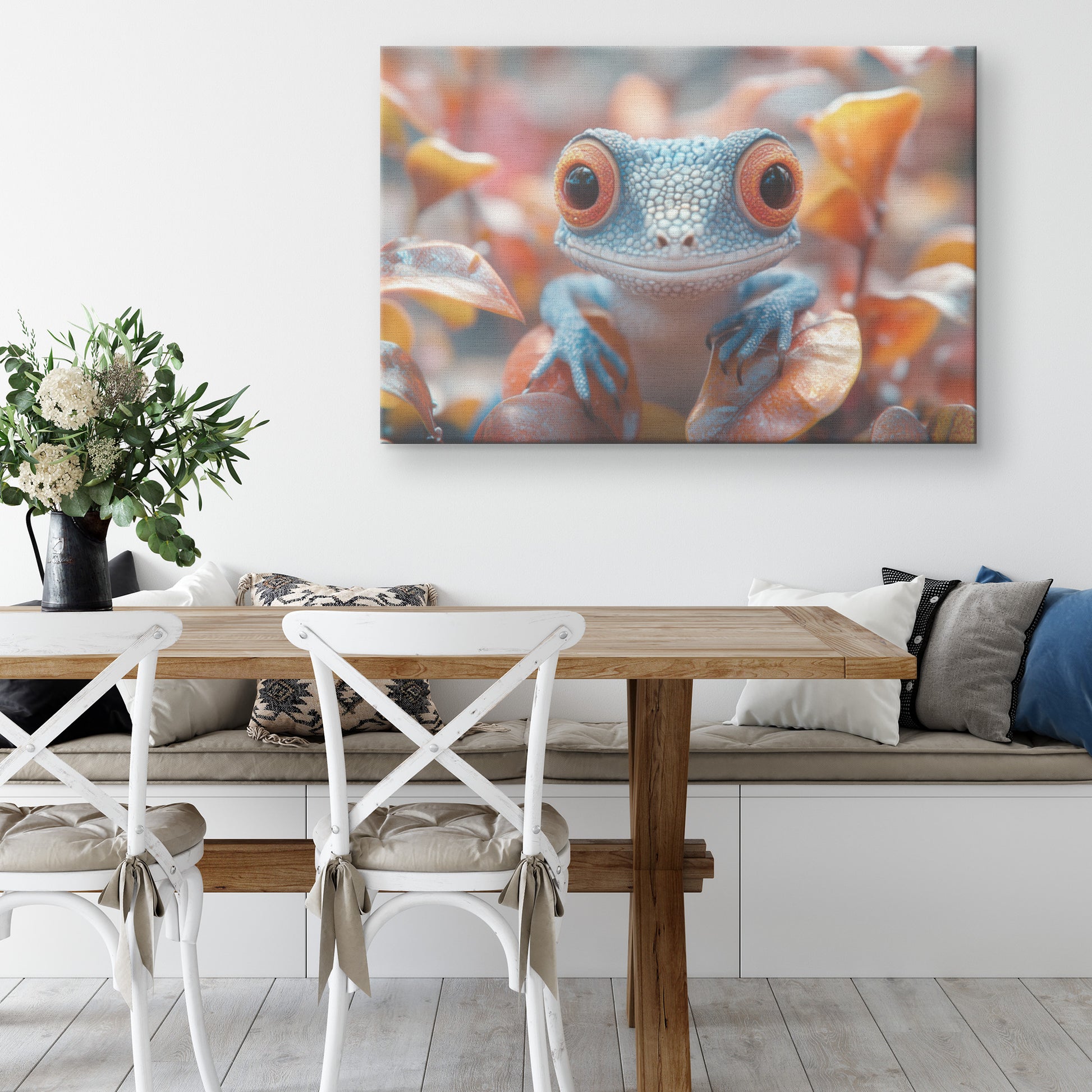 Cute BaBlue Gecko with Big Eyes on Leaves in Autumn Forest Canvas Wall Art for Nature Lovers - Awakening Righteousness