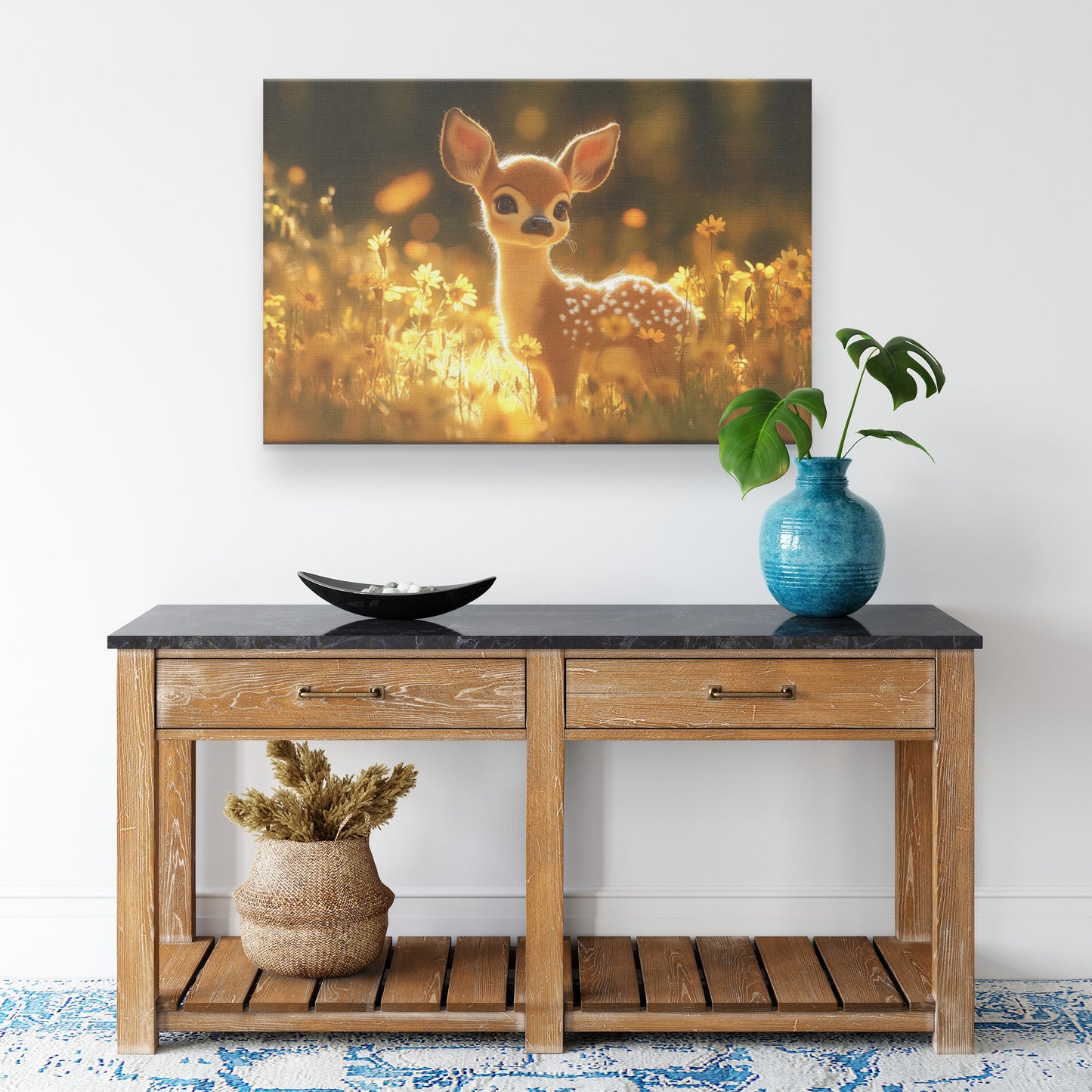 Cute Baby Deer Standing in a Golden Field of Flowers Bathed in Warm Sunlight Canvas Wall Art - Awakening Righteousness
