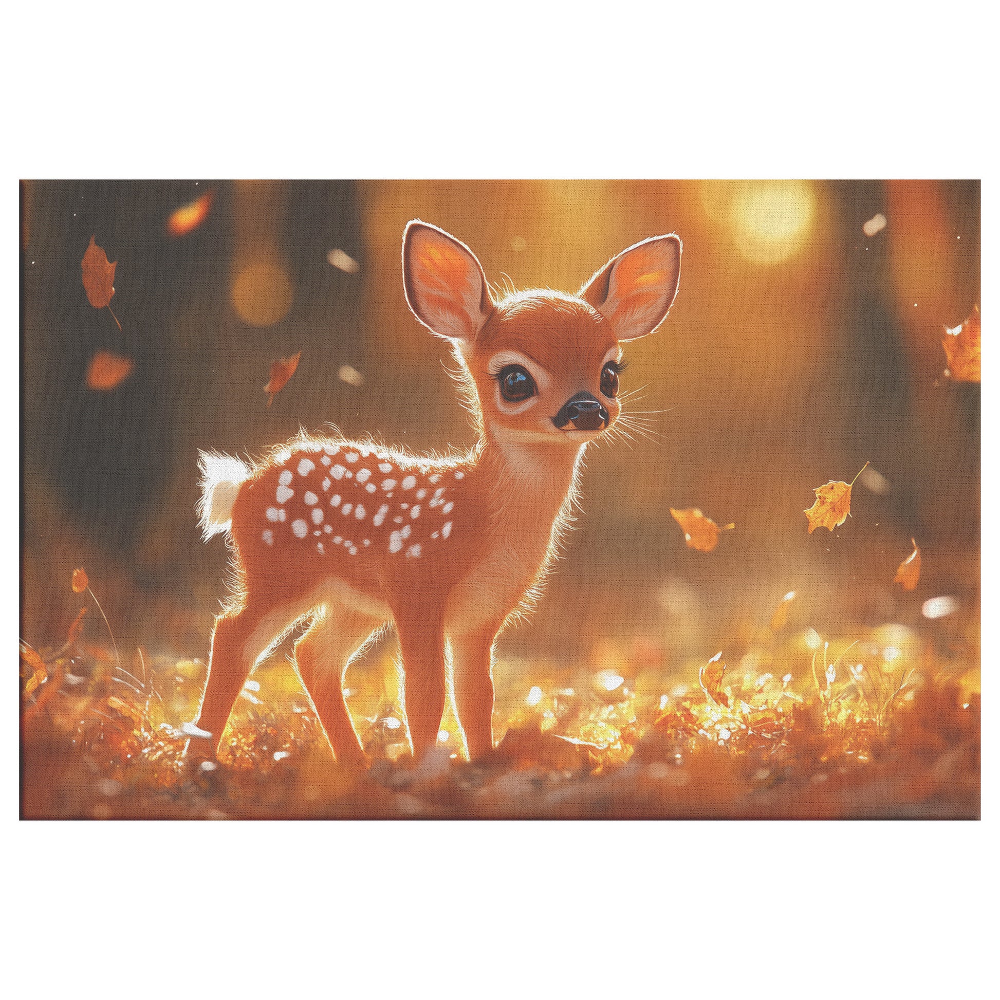 Cute Baby Deer in Autumn Forest Canvas Wall Art  Golden Sunlight & Falling Leaves Wildlife Decor - Awakening Righteousness