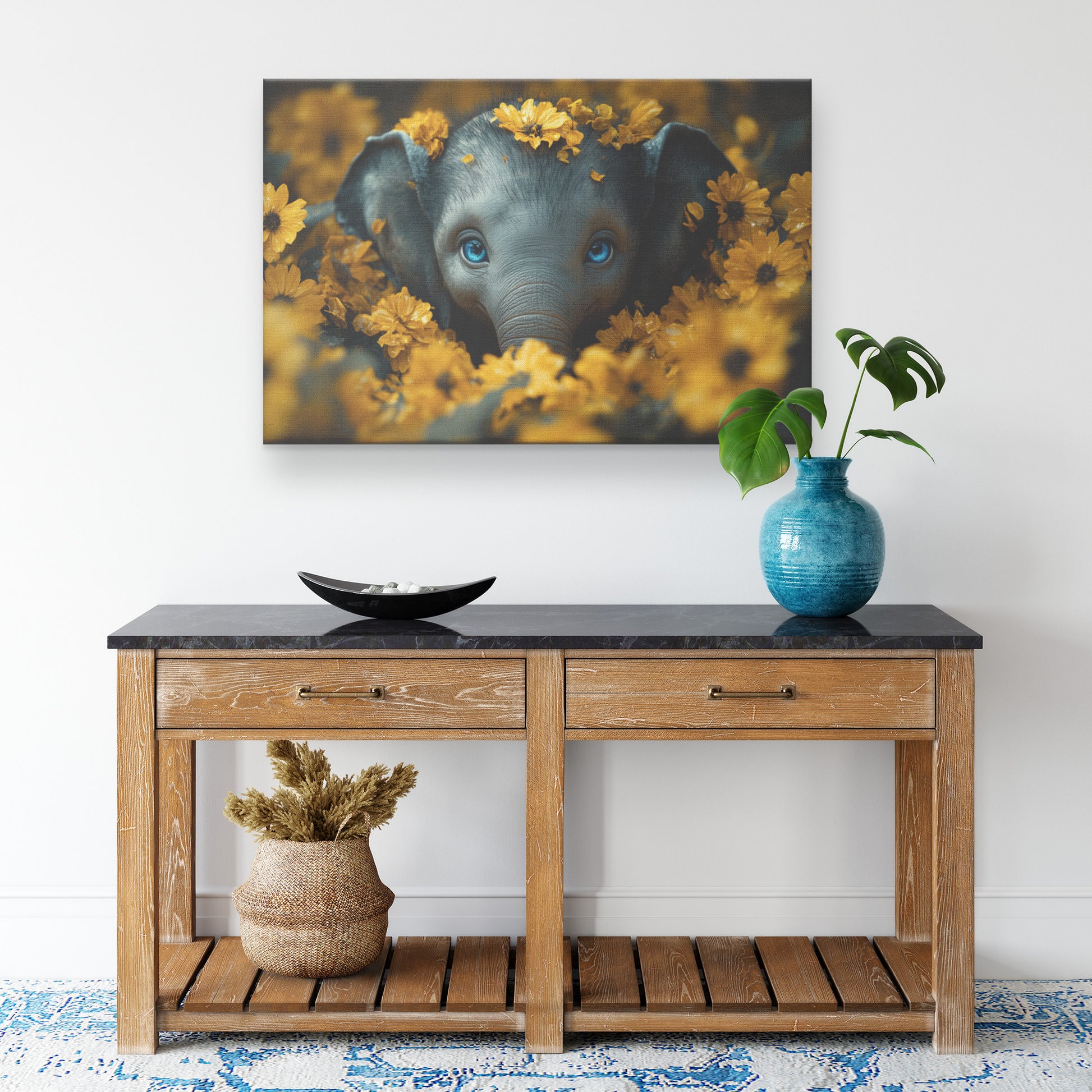 Cute Baby Elephant with Blue Eyes Peeking Out of Yellow Flowers Canvas Wall Art - Awakening Righteousness