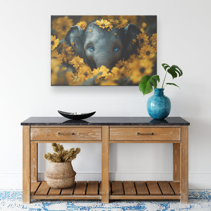 Cute Baby Elephant with Blue Eyes Peeking Out of Yellow Flowers Canvas Wall Art - Awakening Righteousness
