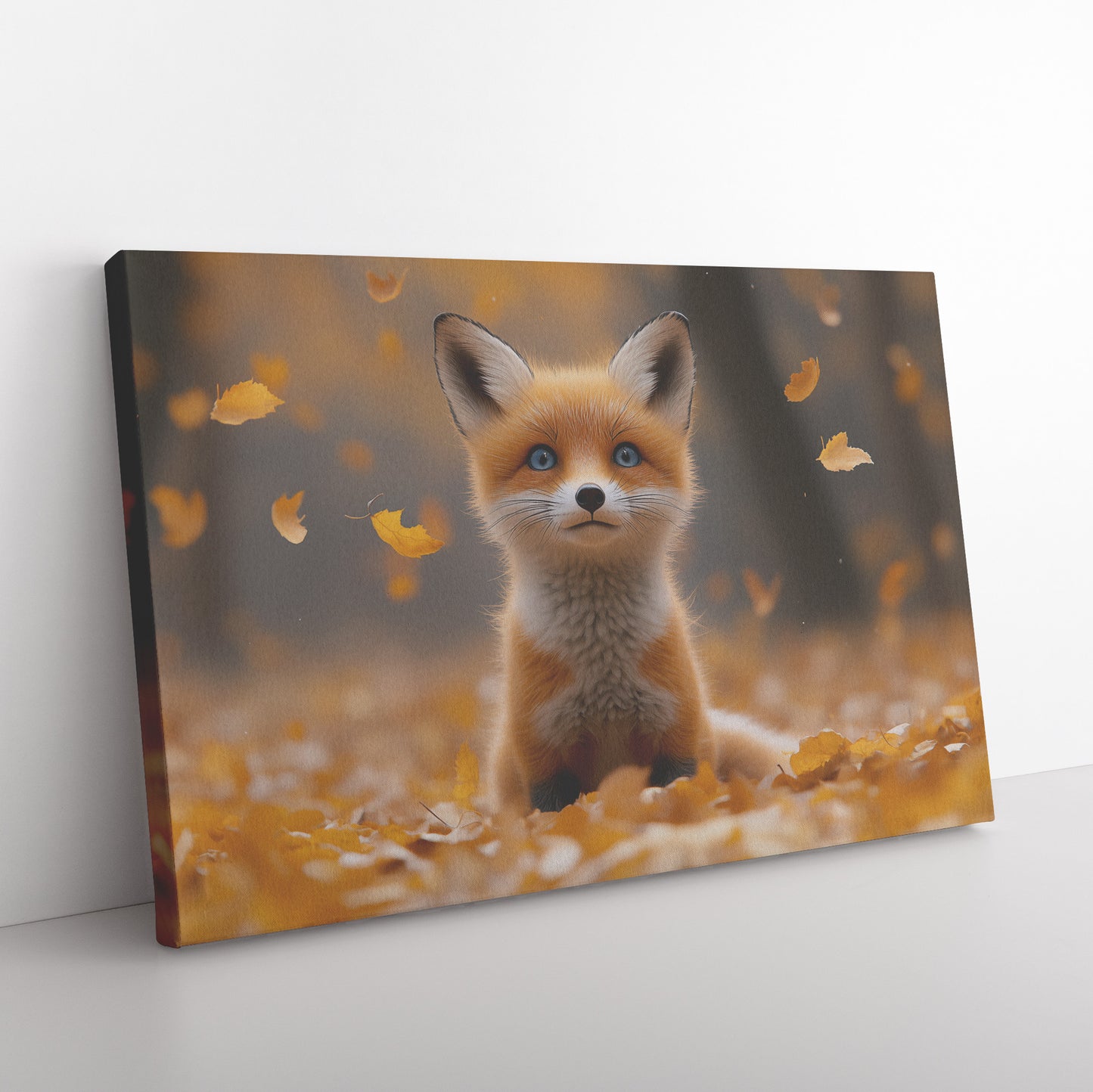 Cute Baby Fox with Blue Eyes Sitting in Golden Autumn Leaves Canvas Art - Awakening Righteousness
