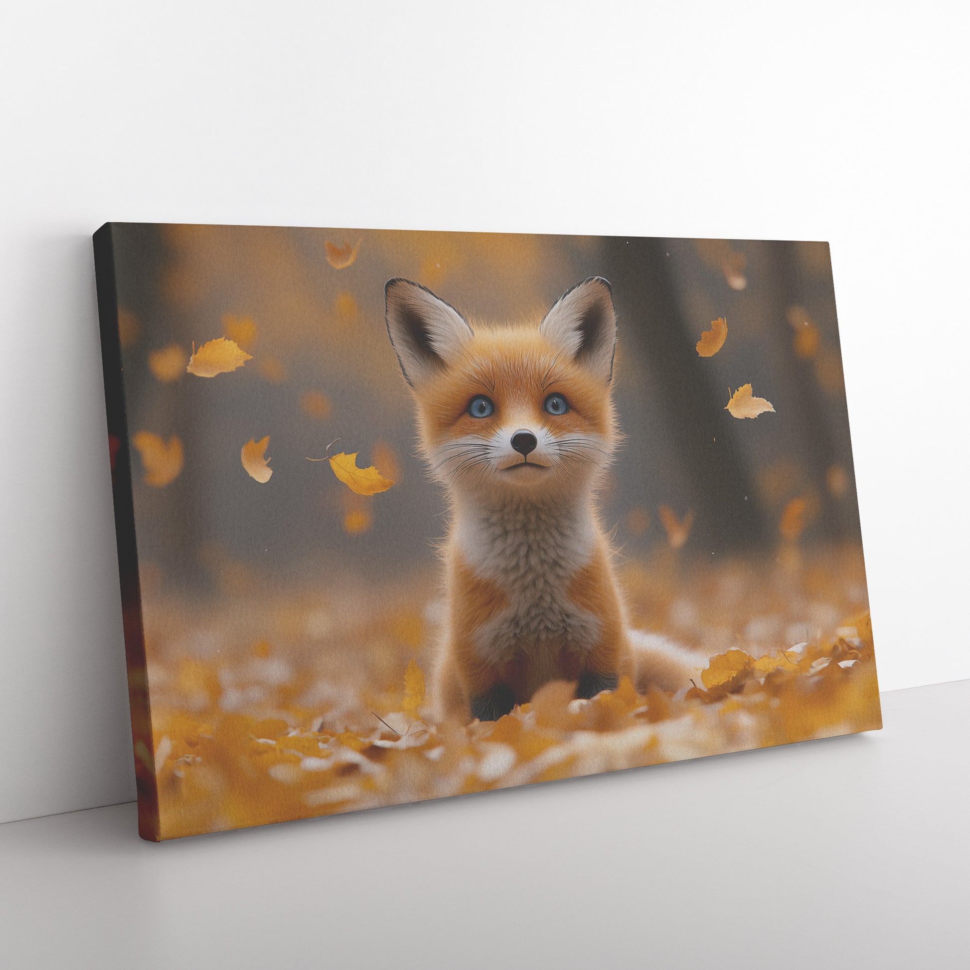 Cute Baby Fox with Blue Eyes Sitting in Golden Autumn Leaves Canvas Art - Awakening Righteousness