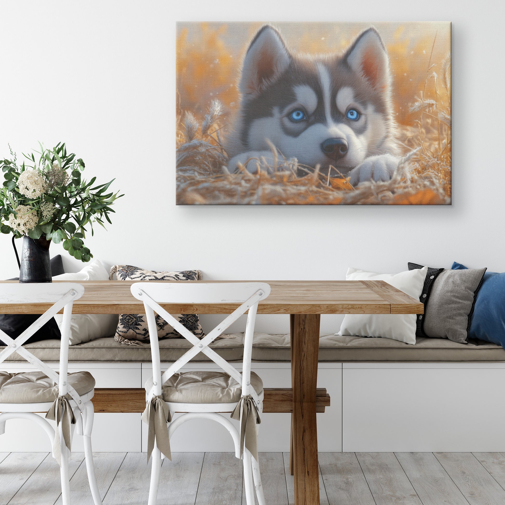 Cute Baby Husky Puppy with Blue Eyes Lying in Autumn Grass Canvas Wall Art Decor - Awakening Righteousness