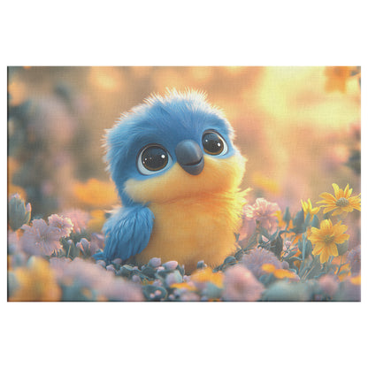 Cute Blue and Yellow Bird Canvas Wall Art  Vibrant Artwork of a Colorful Bird Surrounded Flowers in a Warm Peaceful Setting - Awakening Righteousness