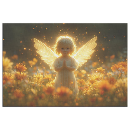 Cute Little Angel Praying in Flower Field with Golden Light Clasped Hands Big Shining Wings Tranquil Peaceful Atmosphere  Christian Canvas Art - Awakening Righteousness