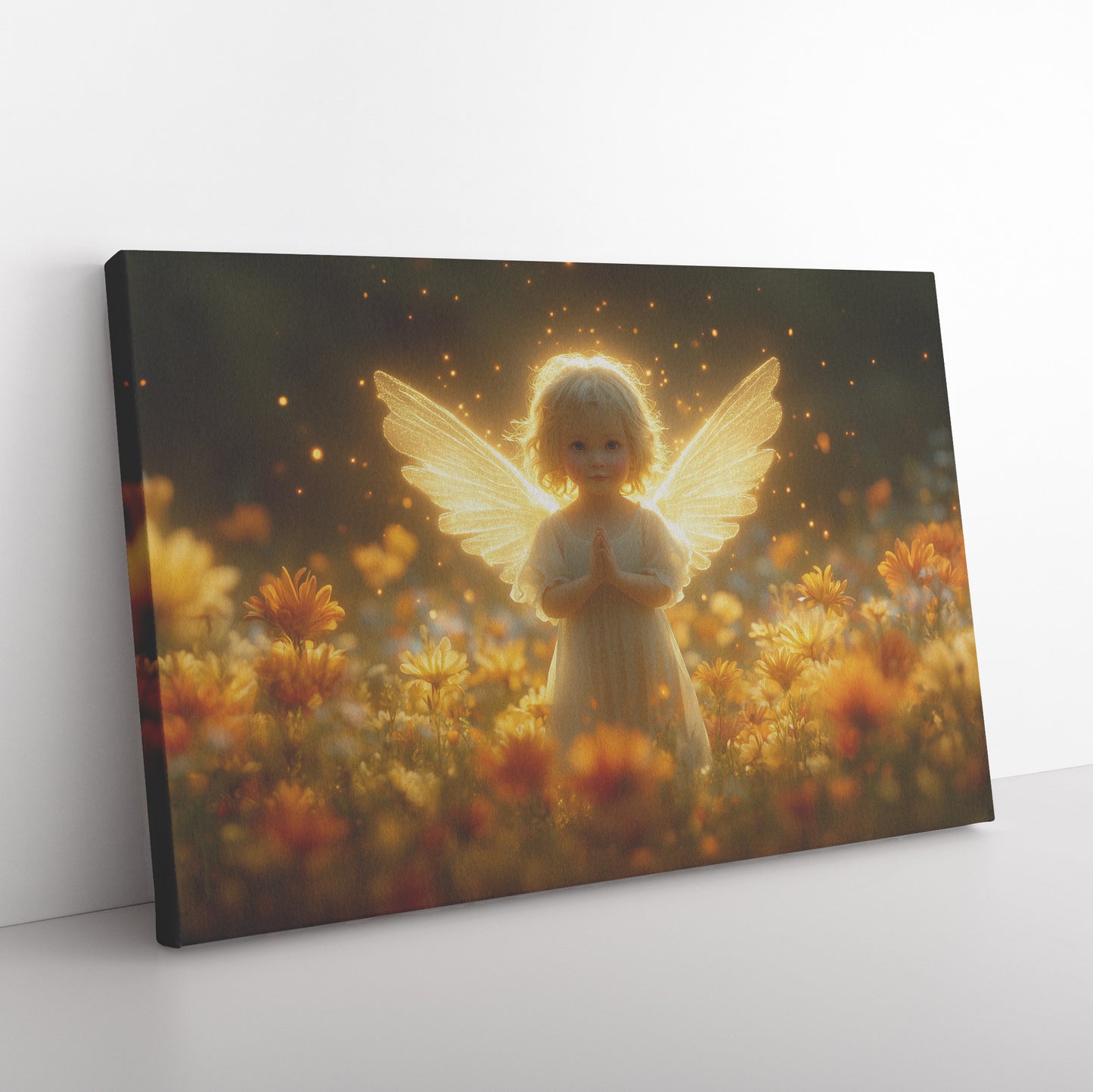 Cute Little Angel Praying in Yellow Flower Field  Glowing Wings Golden Light Spiritual Peace Divine Aura Heavenly Christian Canvas Art - Awakening Righteousness