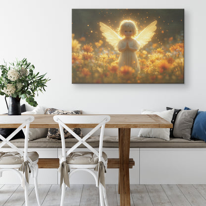Cute Little Angel Praying in Yellow Flower Field  Glowing Wings Golden Light Spiritual Peace Divine Aura Heavenly Christian Canvas Art - Awakening Righteousness