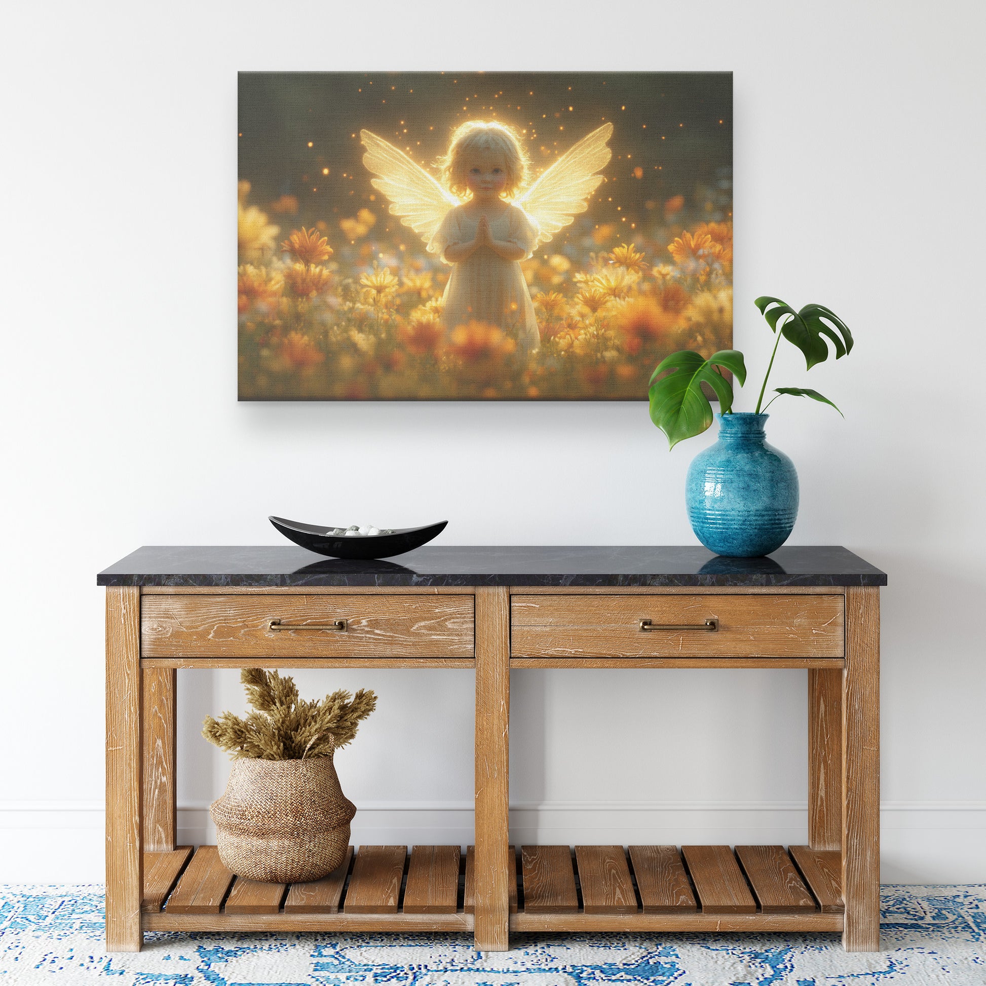 Cute Little Angel Praying in Yellow Flower Field  Glowing Wings Golden Light Spiritual Peace Divine Aura Heavenly Christian Canvas Art - Awakening Righteousness