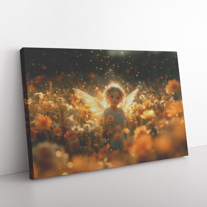 Cute Little Angel Surrounded Blooming Wildflowers Glowing Wings Shining Like Stars  Enchanting Scene of Golden Light and Warm Hues - Awakening Righteousness