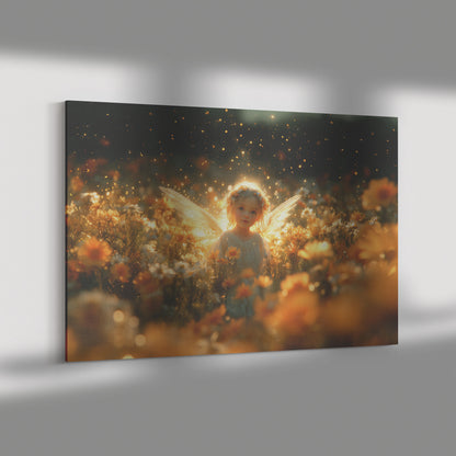 Cute Little Angel Surrounded Blooming Wildflowers Glowing Wings Shining Like Stars  Enchanting Scene of Golden Light and Warm Hues - Awakening Righteousness